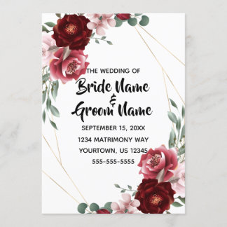 Invitación Borgoña y el Rosa floral de Rubor Boda