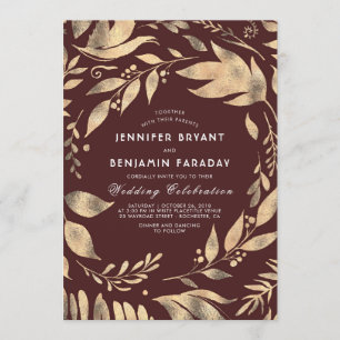 Invitación Borgoña y elegante dorado dejan la boda de otoño