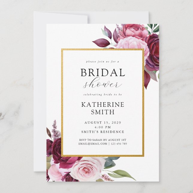 Invitación Borgoña y elegante rosa ducha de novia floral (Anverso)