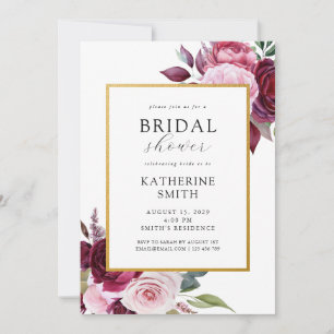 Invitación Borgoña y elegante rosa ducha de novia floral