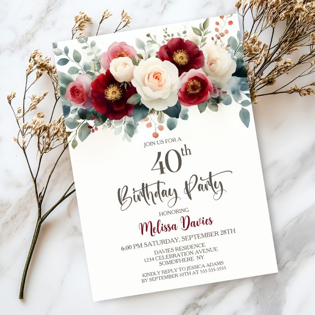 Invitación Borgoña y floral blanca 40 Fiesta de cumpleaños (Subido por el creador)