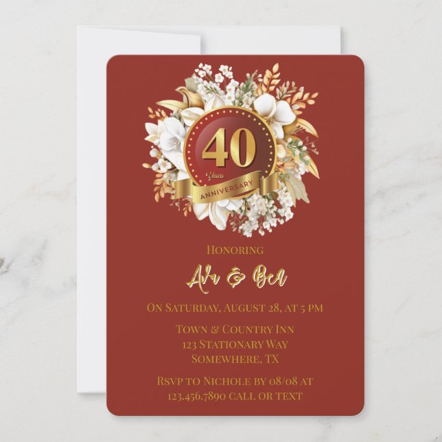 Invitación Borgoña Y Floral de oro 40° Aniversario Boda (Anverso)