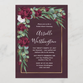 Invitación Borgoña y floral de oro caen en una ducha de novia