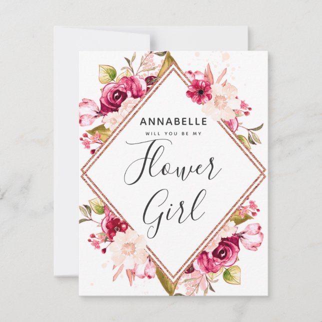 Invitación Borgoña y floral de Rubor serás mi chica flor (Anverso)