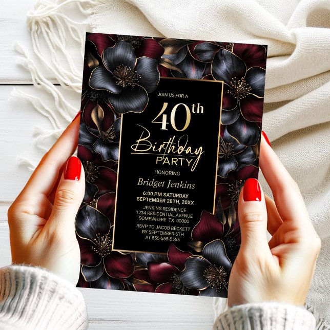 Invitación Borgoña y floral gris 40 Fiesta de cumpleaños (Subido por el creador)