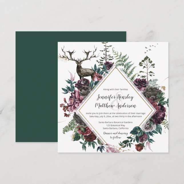 Invitación Borgoña y floral gris con escalofríos y vegetación (Anverso / Reverso)