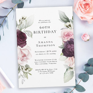 Invitación Borgoña y floral rosa 60 cumpleaños