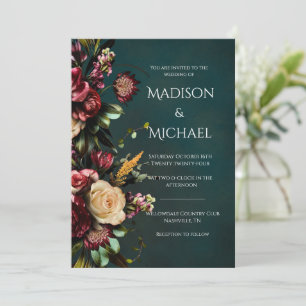 Invitación Borgoña y floral verde Boda moderno