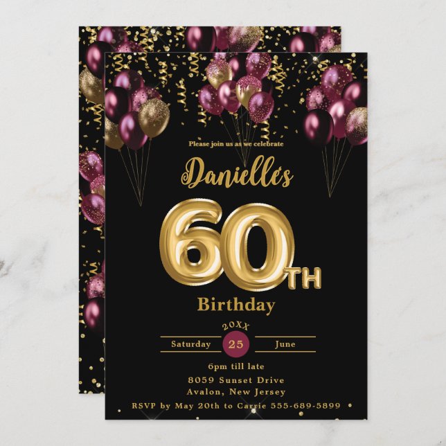 Invitación Borgoña y globos de oro Confetti 60 cumpleaños (Anverso / Reverso)