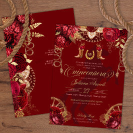 Invitación Borgoña y Gold Floral Elegante Charro Quinceanera