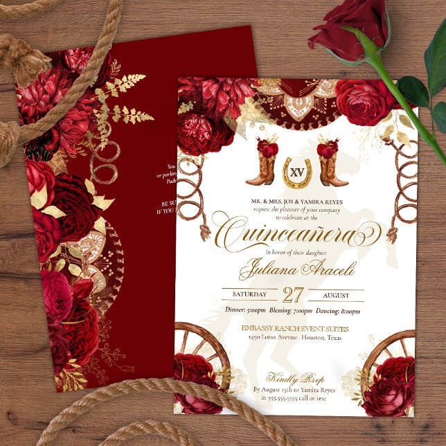 Invitación Borgoña y Gold Floral Elegante Charro Quinceañera (Subido por el creador)