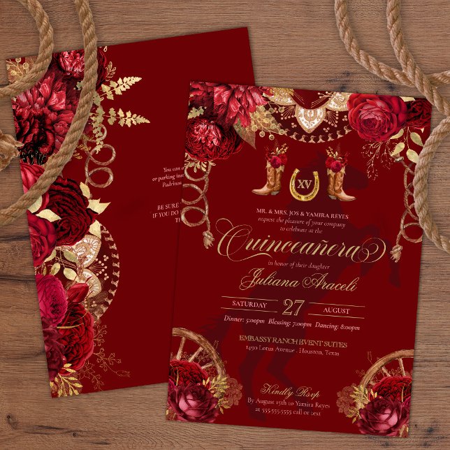 Invitación Borgoña y Gold Floral Elegante Charro Quinceanera (Subido por el creador)
