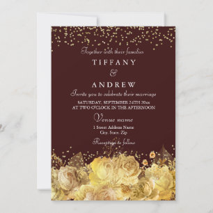Invitación Borgoña y Gold Floral Elegante Invite a la Boda