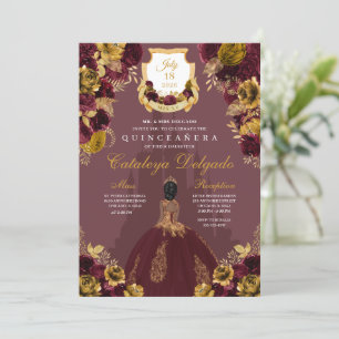 Invitación Borgoña y Gold Floral Elegante Quinceañera