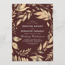 Borgoña y hojas elegantes de oro se casan