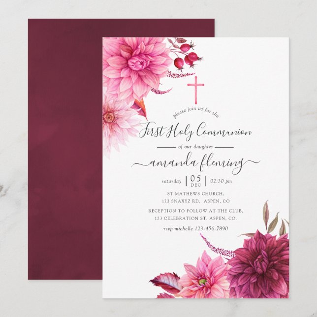 Invitación Borgoña y la Santa Comunión floral del otoño de Ru (Anverso / Reverso)