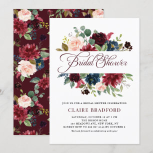 Invitación Borgoña y marco floral azul caen en la ducha de no