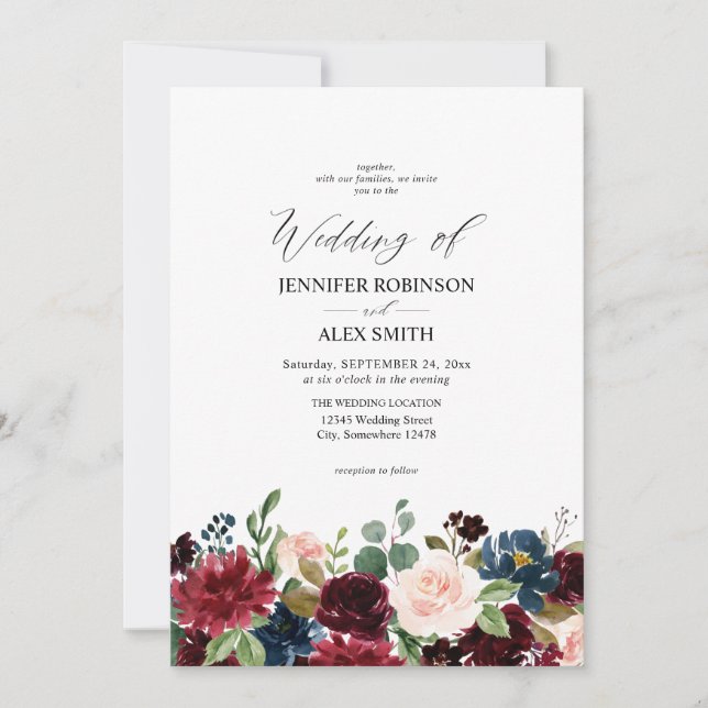 Invitación Borgoña y marina, Boda floral rosa Rubor 2 (Anverso)