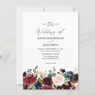 Invitación Borgoña y marina, Boda floral rosa Rubor 2