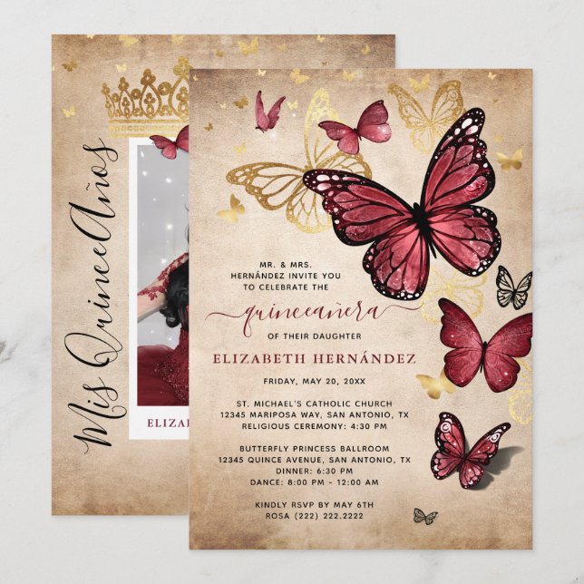 Invitación Borgoña y mariposa de oro Quinceanera Cumpleaños (Anverso / Reverso)