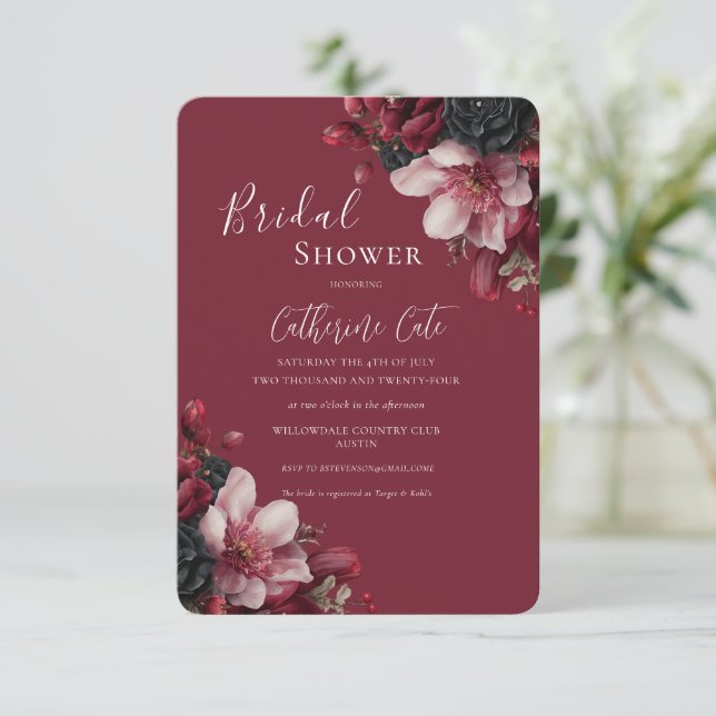 Invitación Borgoña y negro elegante novia floral (Anverso de pie)