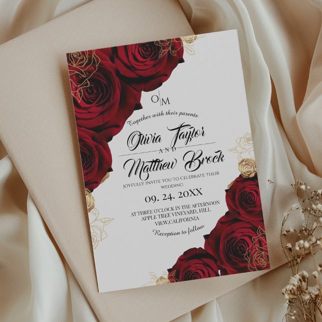 Invitación Borgoña y oro ⎮ Boda Floral Rosa Roja (Subido por el creador)