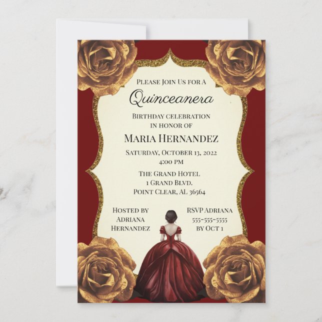 Invitación Borgoña y oro Floral Quinceanera Cumpleaños (Anverso)