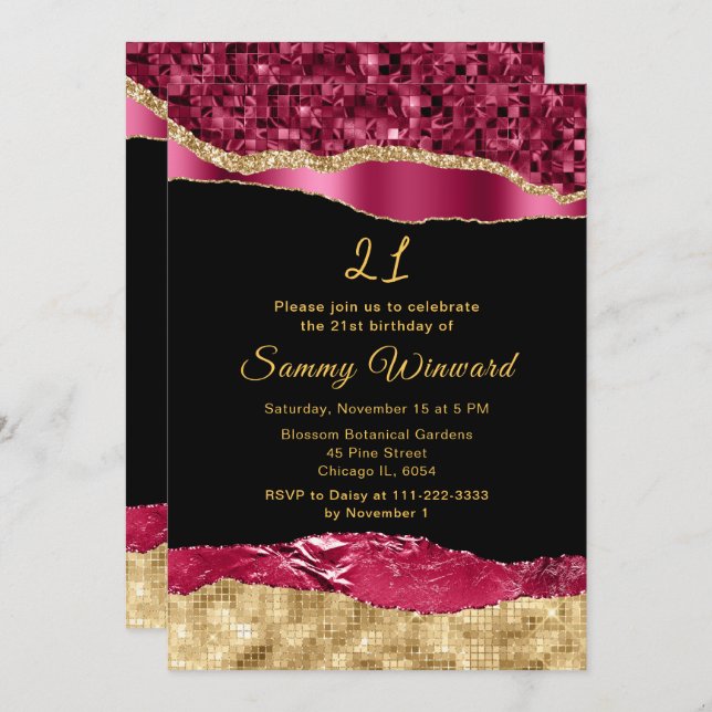 Invitación Borgoña y oro Glam llora fiesta de cumpleaños (Anverso / Reverso)
