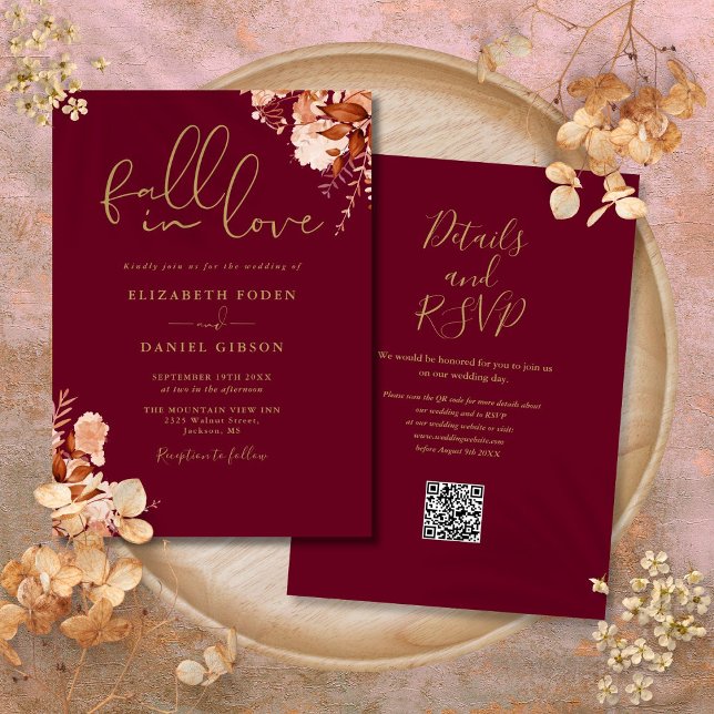Invitación Borgoña Y Oro Rústico Floral QR Code Boda (Burgundy And Gold Rustic Floral QR Code Wedding Invitation)