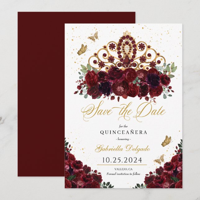 Invitación Borgoña y Oro Tiara Salven La Fecha Quinceañera (Anverso / Reverso)