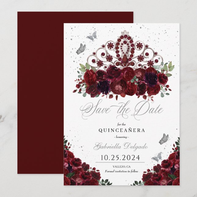 Invitación Borgoña y Plata Tiara Salven La Fecha Quinceañera (Anverso / Reverso)