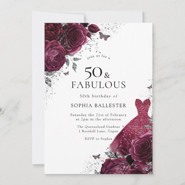 Invitación Borgoña y plata Vestidos Rosas florales 50 cumplea (Anverso)