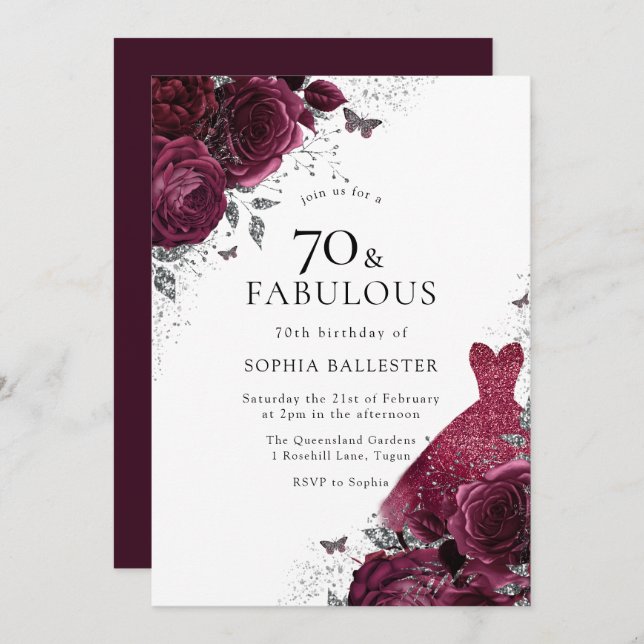 Invitación Borgoña y Plata Vestidos Rosas Florales 70 cumplea (Anverso / Reverso)