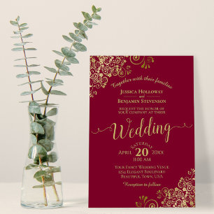 Invitación Borgoña y rieles de oro Boda elegante de caligrafí