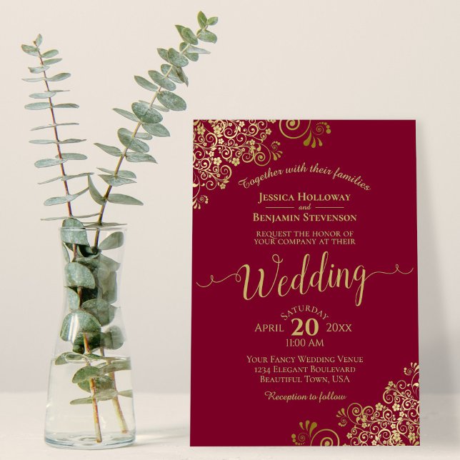 Invitación Borgoña y rieles de oro Boda elegante de caligrafí (Subido por el creador)