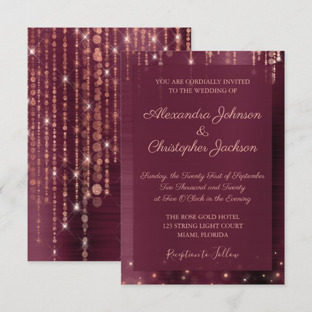 Invitación Borgoña y Rosa Boda de la espuma de oro (Anverso / Reverso)