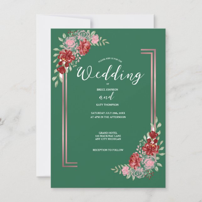 Invitación Borgoña y Rosa Boda floral verde (Anverso)