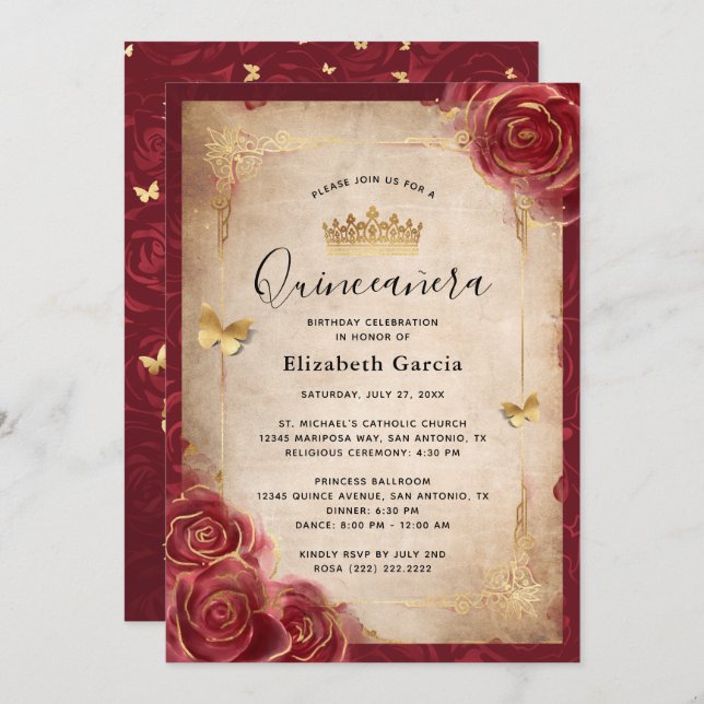 Invitación Borgoña y Rosa de oro elegante Quinceanera (Anverso / Reverso)