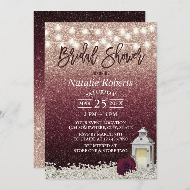 Invitación Borgoña y Rosa ducha de novia con linterna blanca  (Anverso / Reverso)
