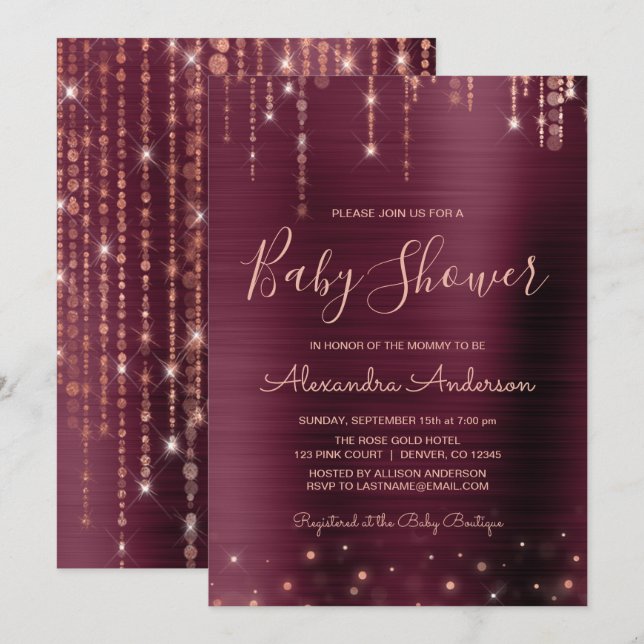 Invitación Borgoña y Rosa Fiesta de Baby Shower Gold (Anverso / Reverso)