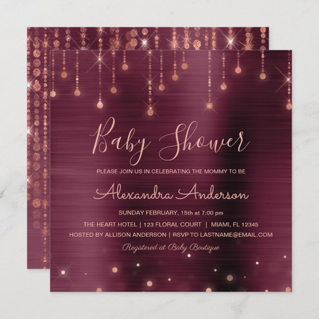 Invitación Borgoña y Rosa Fiesta de Baby Shower Gold (Anverso / Reverso)