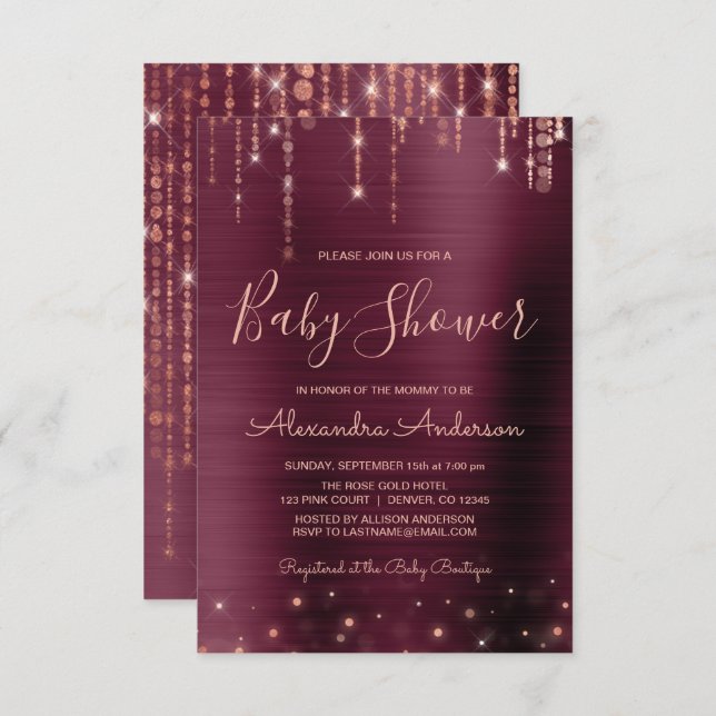 Invitación Borgoña y Rosa Fiesta de Baby Shower Gold (Anverso / Reverso)
