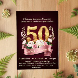 Invitación Borgoña y Rosa Floral 50 aniversario Boda