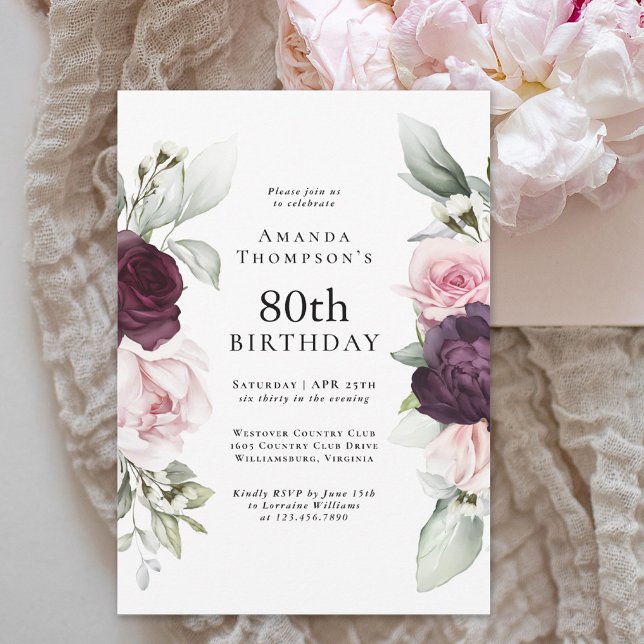 Invitación Borgoña y rosa floral elegante cumpleaños 80 (Available as both printed and paperless digital download!)