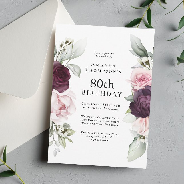 Invitación Borgoña y rosa floral elegante cumpleaños 80 (Subido por el creador)