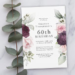 Invitación Borgoña y rosa floral elegante cumpleaños número 6<br><div class="desc">Celebra un aniversario especial con esta hermosa invitación a la fiesta con florales fronteras en rosas borgoñas y rosas rosas rosas en cada lado del texto elegantemente colocado. Los colores son rosa pálido, rojo burdeos profundo y ciruela mezclada con vegetación etérea y flores de acento blanco diminuto. Personalice la plantilla...</div>