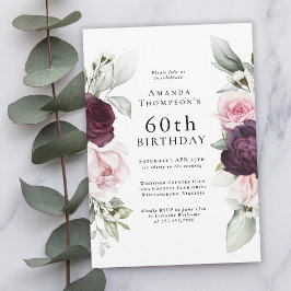 Invitación Borgoña y rosa floral elegante cumpleaños número 6