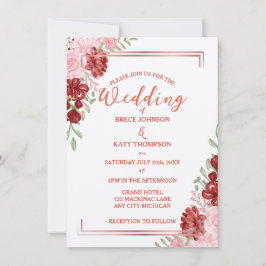 Invitación Borgoña y Rosa sobre Boda floral elegante y blanco
