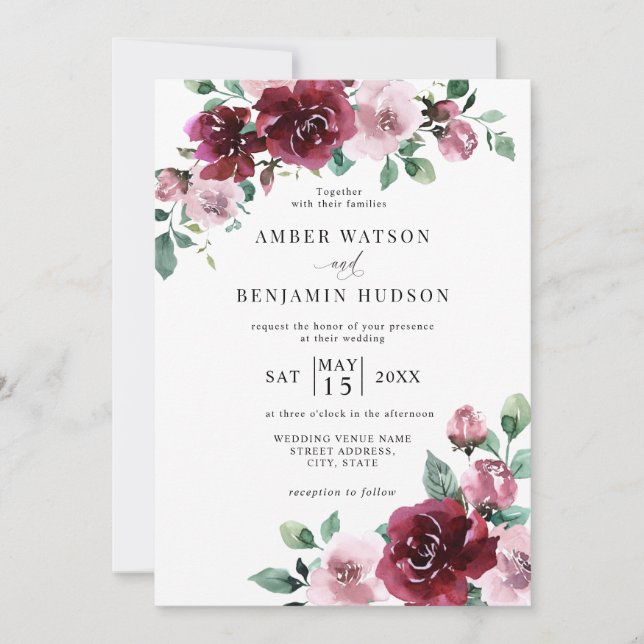 Invitación Borgoña y Rosa turbio Boda de marrón floral rosa (Anverso)