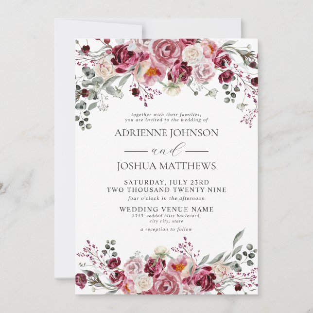 Invitación Borgoña y Rosas de Rubor Boda de flores (Anverso)